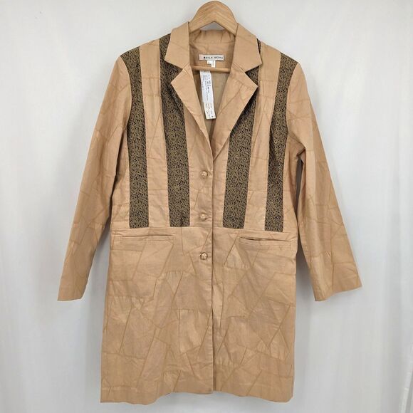 NWT Vintage 1990s Silk Box Longline Jacket Cream Patchwork Trench Gold Size 6 - Picture 1 of 15